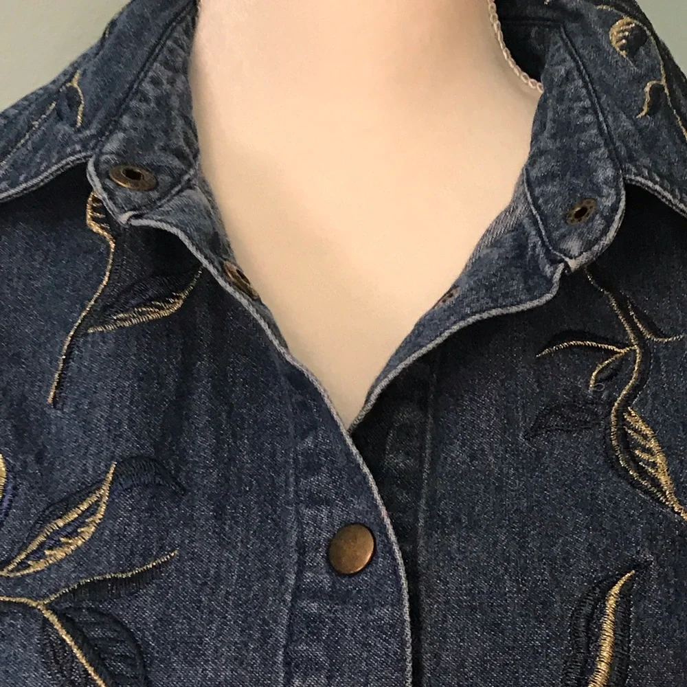 Together Blue Denim Embroidered Button-Front Blouse